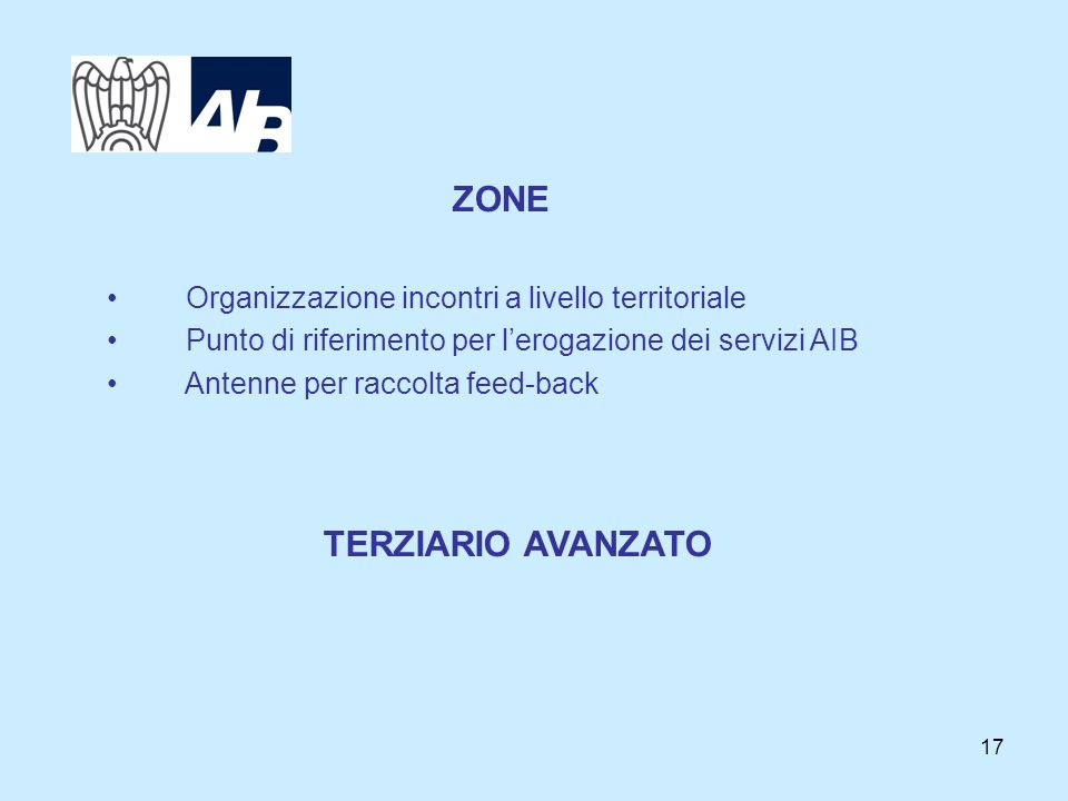 17 ZONE Organizzazione incontri a livello territoriale Punto di riferimento per lerogazione dei servizi AIB Antenne per raccolta feed-back TERZIARIO AVANZATO