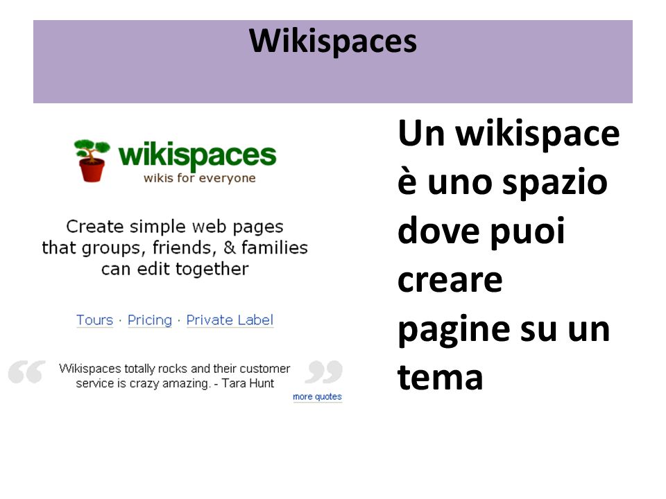 Wikispaces Un wikispace è uno spazio dove puoi creare pagine su un tema