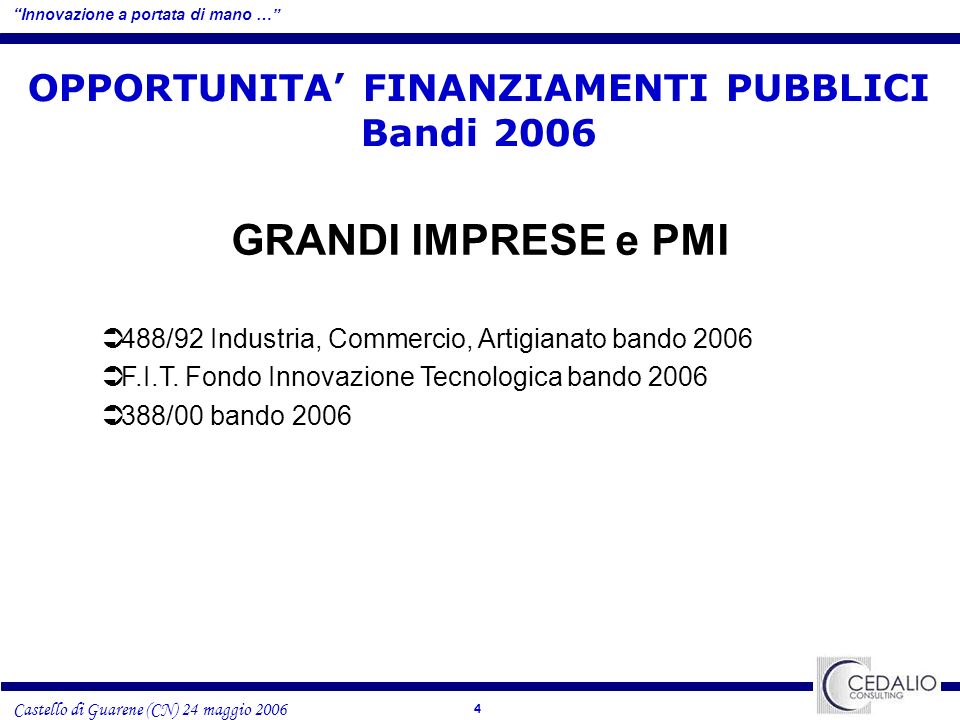 4 Castello di Guarene (CN) 24 maggio 2006 OPPORTUNITA FINANZIAMENTI PUBBLICI Bandi /92 Industria, Commercio, Artigianato bando 2006 F.I.T.