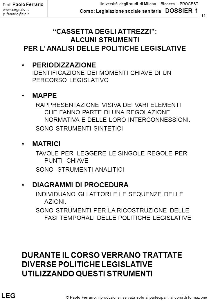 14 © Paolo Ferrario: riproduzione riservata solo ai partecipanti ai corsi di formazione Prof.