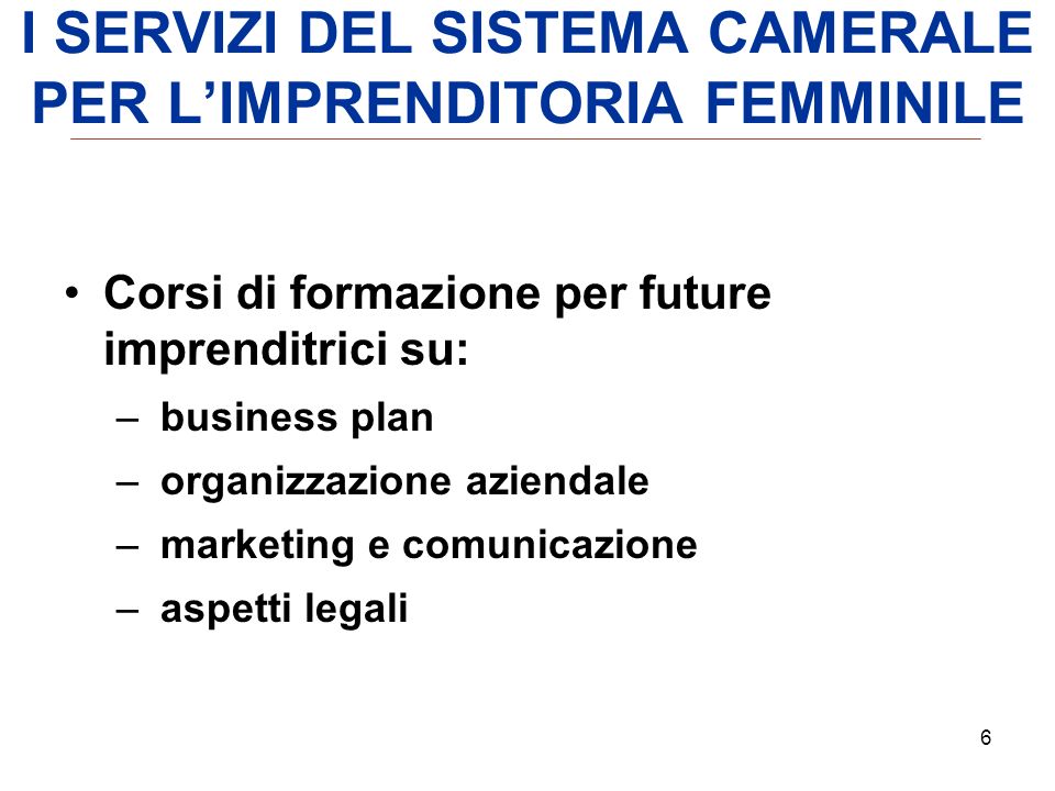6 6 Padova Chamber of Commerce - Italy Corsi di formazione per future imprenditrici su: – business plan – organizzazione aziendale – marketing e comunicazione – aspetti legali I SERVIZI DEL SISTEMA CAMERALE PER LIMPRENDITORIA FEMMINILE