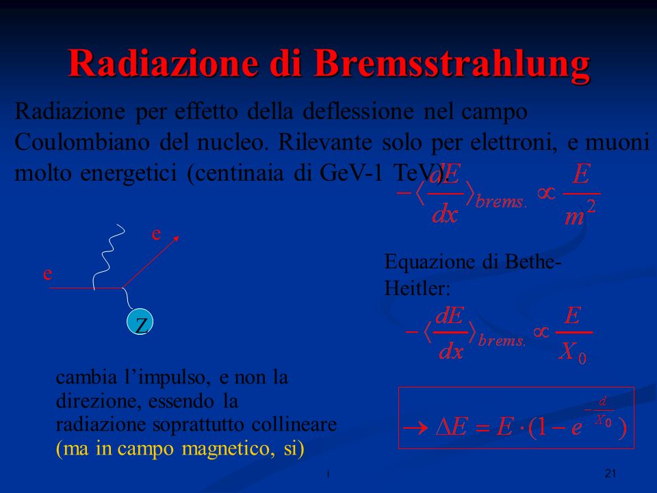 21i Radiazione di Bremsstrahlung Radiazione per effetto della deflessione nel campo Coulombiano del nucleo.