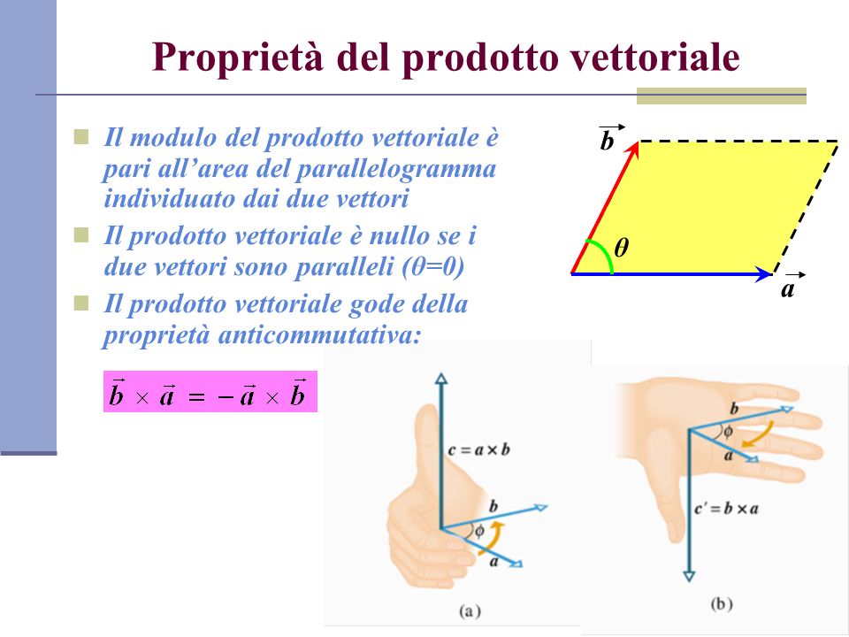 Proprietà del prodotto vettoriale Il modulo del prodotto vettoriale è pari allarea del parallelogramma individuato dai due vettori Il prodotto vettoriale è nullo se i due vettori sono paralleli (θ=0) Il prodotto vettoriale gode della proprietà anticommutativa: a b θ