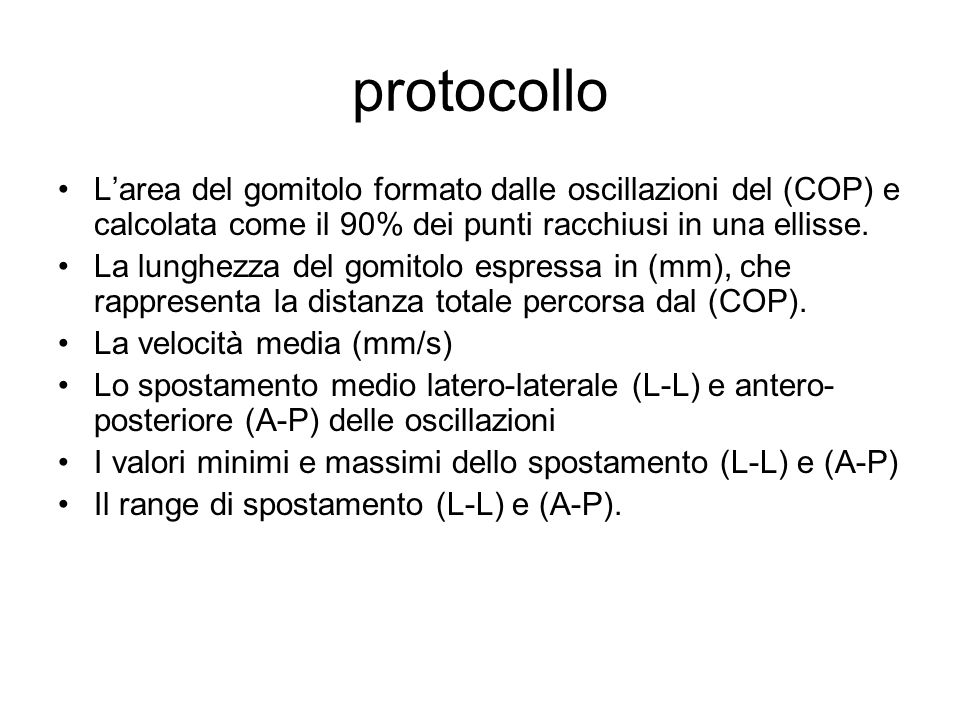 protocollo Larea del gomitolo formato dalle oscillazioni del (COP) e calcolata come il 90% dei punti racchiusi in una ellisse.