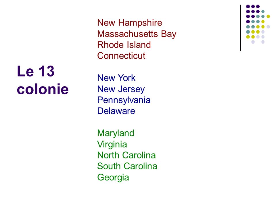 Le 13 colonie New Hampshire Massachusetts Bay Rhode Island Connecticut New York New Jersey Pennsylvania Delaware Maryland Virginia North Carolina South Carolina Georgia