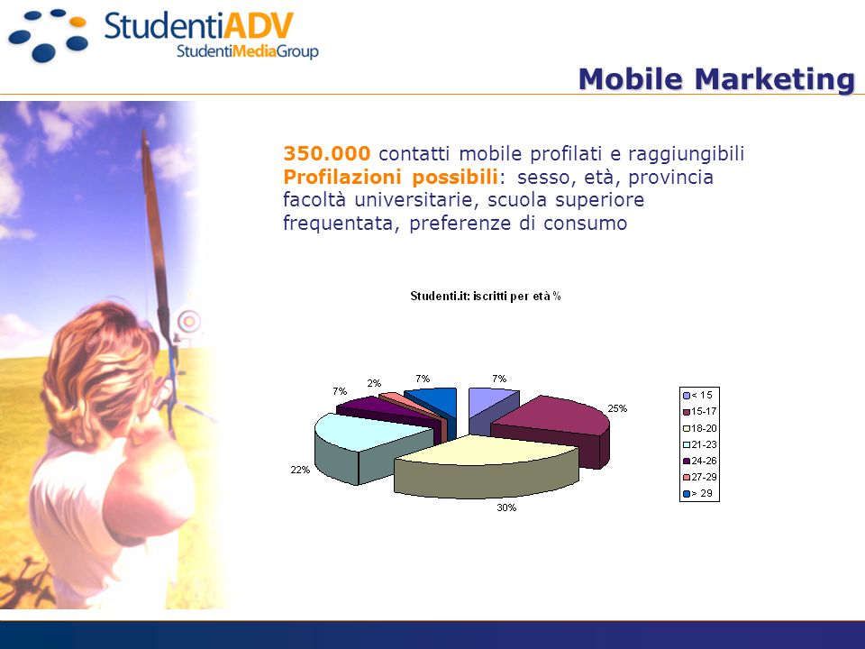 Mobile Marketing Mobile Marketing contatti mobile profilati e raggiungibili Profilazioni possibili: sesso, età, provincia facoltà universitarie, scuola superiore frequentata, preferenze di consumo