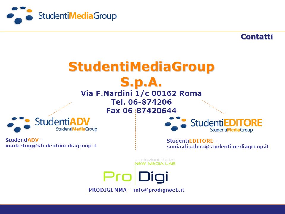 Contatti StudentiMediaGroup S.p.A. Via F.Nardini 1/c Roma Tel.