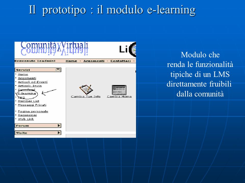 Il prototipo : il modulo e-learning Modulo che renda le funzionalità tipiche di un LMS direttamente fruibili dalla comunità