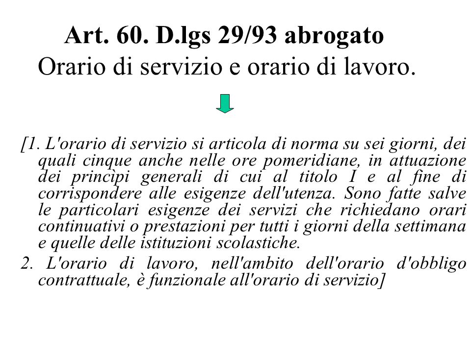 Art. 60. D.lgs 29/93 abrogato Orario di servizio e orario di lavoro.