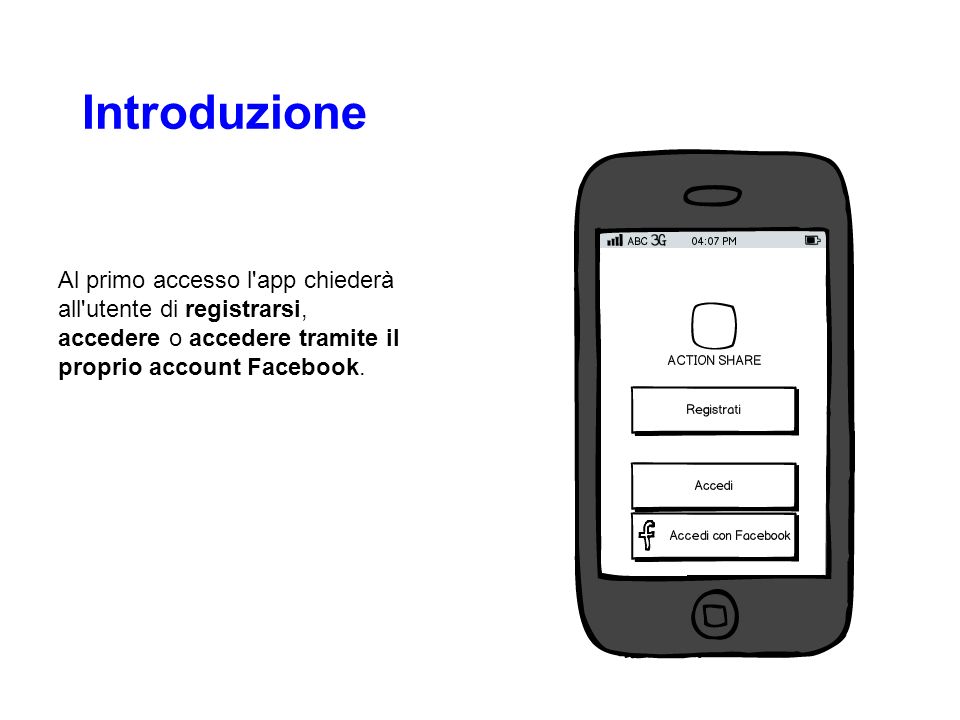 Introduzione Al primo accesso l app chiederà all utente di registrarsi, accedere o accedere tramite il proprio account Facebook.