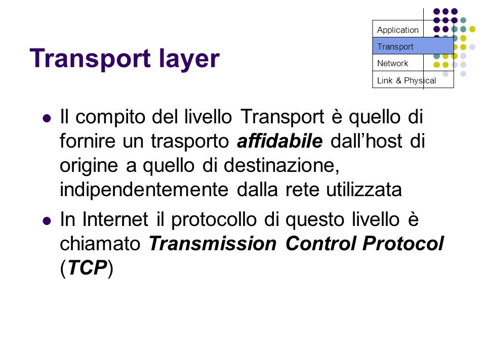 Transport layer Il compito del livello Transport è quello di fornire un trasporto affidabile dallhost di origine a quello di destinazione, indipendentemente dalla rete utilizzata In Internet il protocollo di questo livello è chiamato Transmission Control Protocol (TCP) Application Transport Network Link & Physical