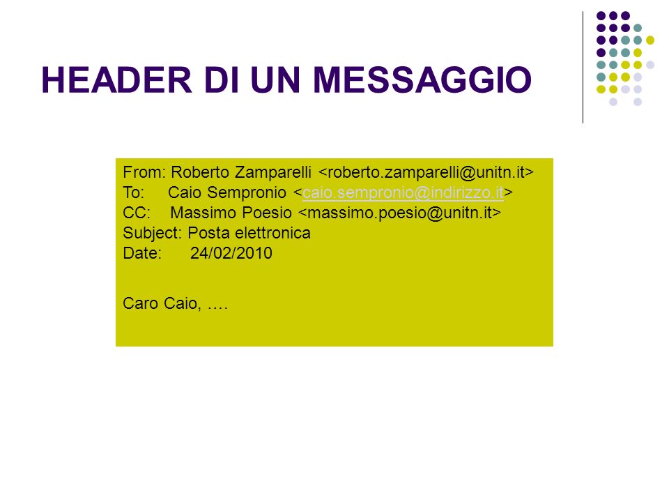 HEADER DI UN MESSAGGIO From: Roberto Zamparelli To: Caio Sempronio CC: Massimo Poesio Subject: Posta elettronica Date: Caro Caio, ….