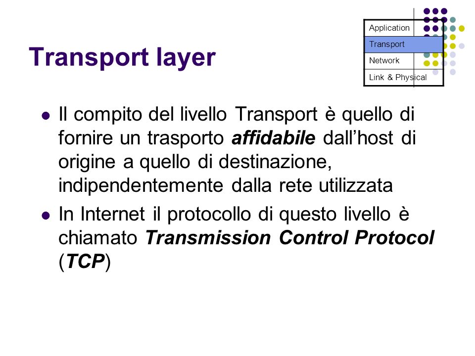 Transport layer Il compito del livello Transport è quello di fornire un trasporto affidabile dallhost di origine a quello di destinazione, indipendentemente dalla rete utilizzata In Internet il protocollo di questo livello è chiamato Transmission Control Protocol (TCP) Application Transport Network Link & Physical