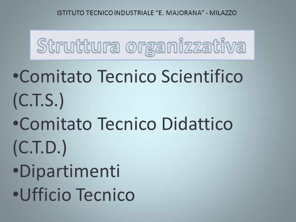 Comitato Tecnico Scientifico (C.T.S.) Comitato Tecnico Didattico (C.T.D.) Dipartimenti Ufficio Tecnico ISTITUTO TECNICO INDUSTRIALE E.
