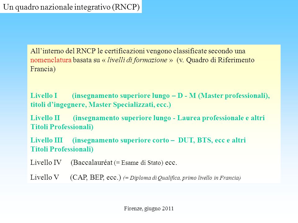 Firenze, giugno 2011 Allinterno del RNCP le certificazioni vengono classificate secondo una nomenclatura basata su « livelli di formazione » (v.