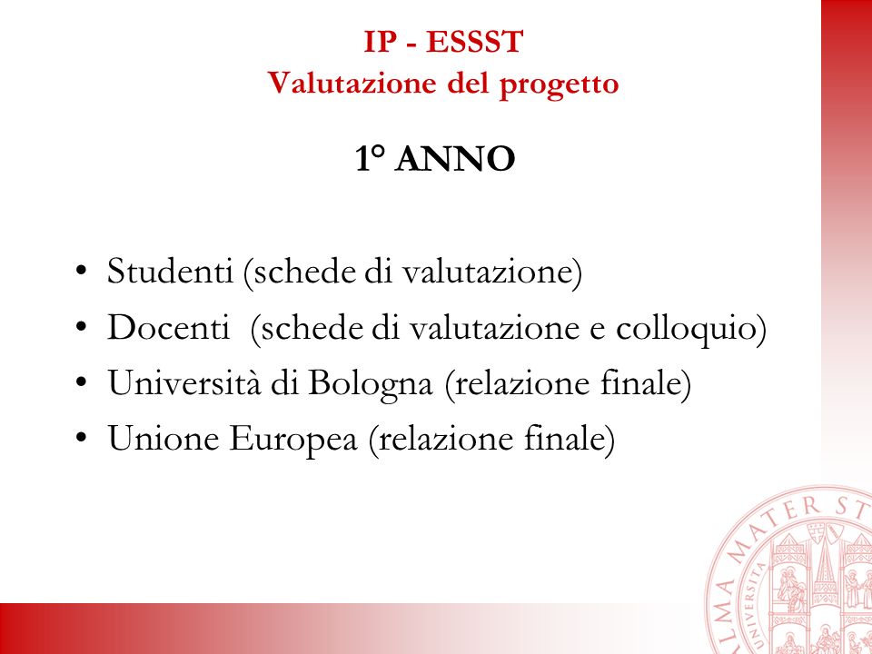 IP - ESSST Valutazione del progetto 1° ANNO Studenti (schede di valutazione) Docenti(schede di valutazione e colloquio) Università di Bologna (relazione finale) Unione Europea (relazione finale)