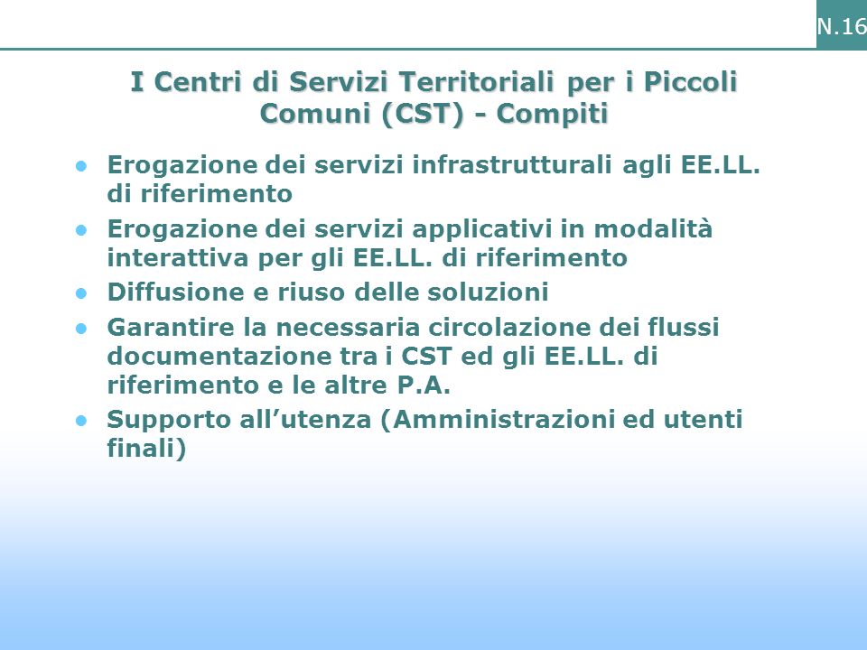 N.16 I Centri di Servizi Territoriali per i Piccoli Comuni (CST) - Compiti Erogazione dei servizi infrastrutturali agli EE.LL.