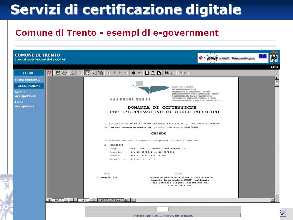 Servizi di certificazione digitale 8 Comune di Trento - esempi di e-government
