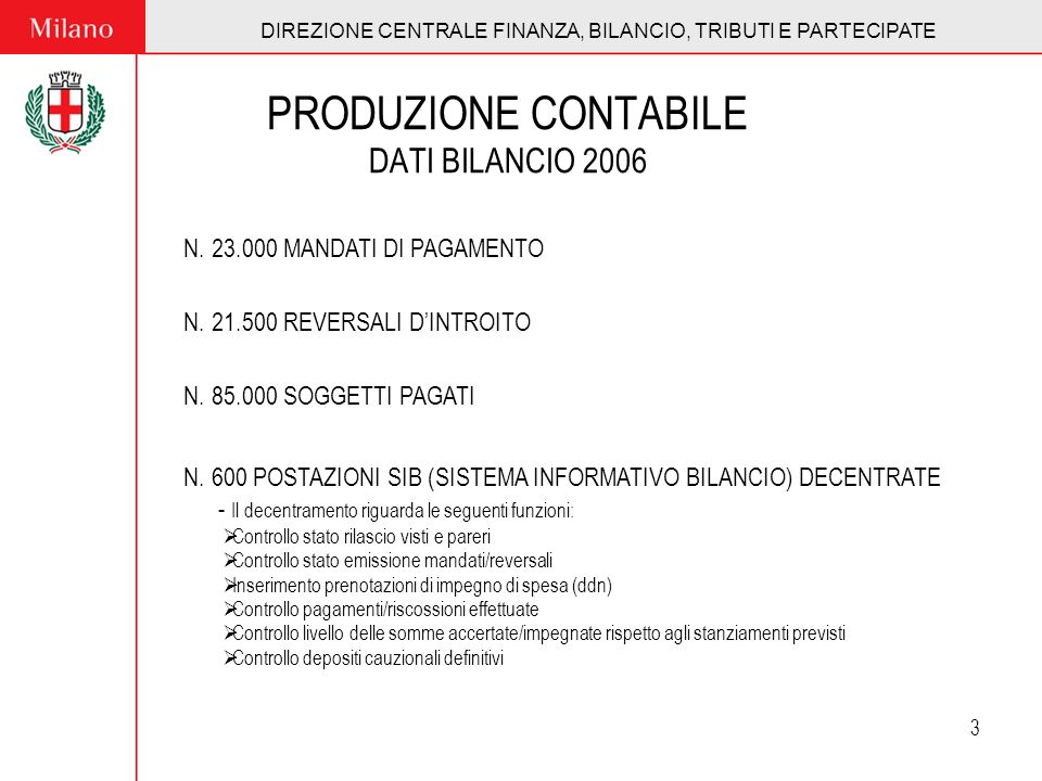 DIREZIONE CENTRALE FINANZA, BILANCIO, TRIBUTI E PARTECIPATE 3 PRODUZIONE CONTABILE DATI BILANCIO 2006 N.