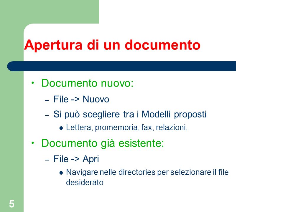 5 Apertura di un documento Documento nuovo: – File -> Nuovo – Si può scegliere tra i Modelli proposti Lettera, promemoria, fax, relazioni.