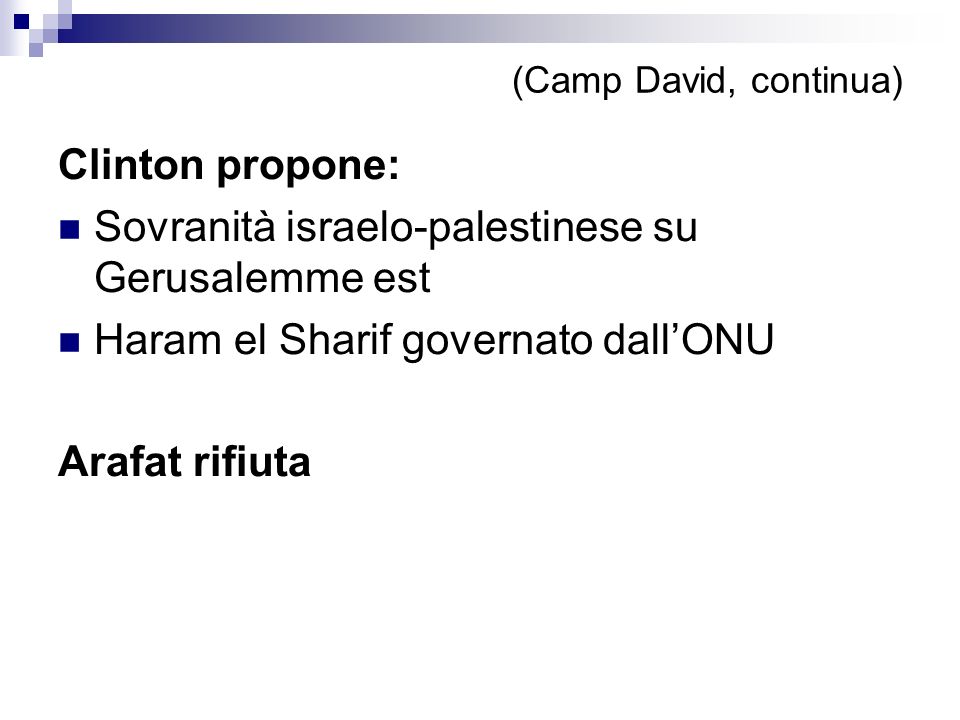 (Camp David, continua) Clinton propone: Sovranità israelo-palestinese su Gerusalemme est Haram el Sharif governato dallONU Arafat rifiuta