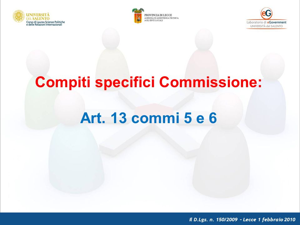 Il D.Lgs. n. 150/2009 – Lecce 1 febbraio 2010 Compiti specifici Commissione: Art. 13 commi 5 e 6