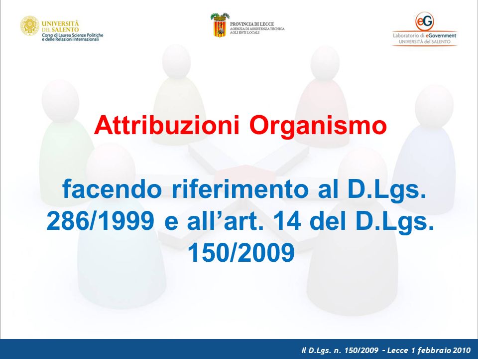 Il D.Lgs. n. 150/2009 – Lecce 1 febbraio 2010 Attribuzioni Organismo facendo riferimento al D.Lgs.