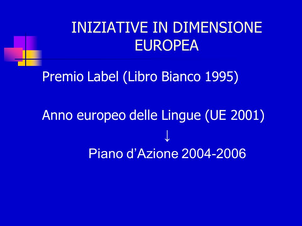 INIZIATIVE IN DIMENSIONE EUROPEA Premio Label (Libro Bianco 1995) Anno europeo delle Lingue (UE 2001) Piano dAzione
