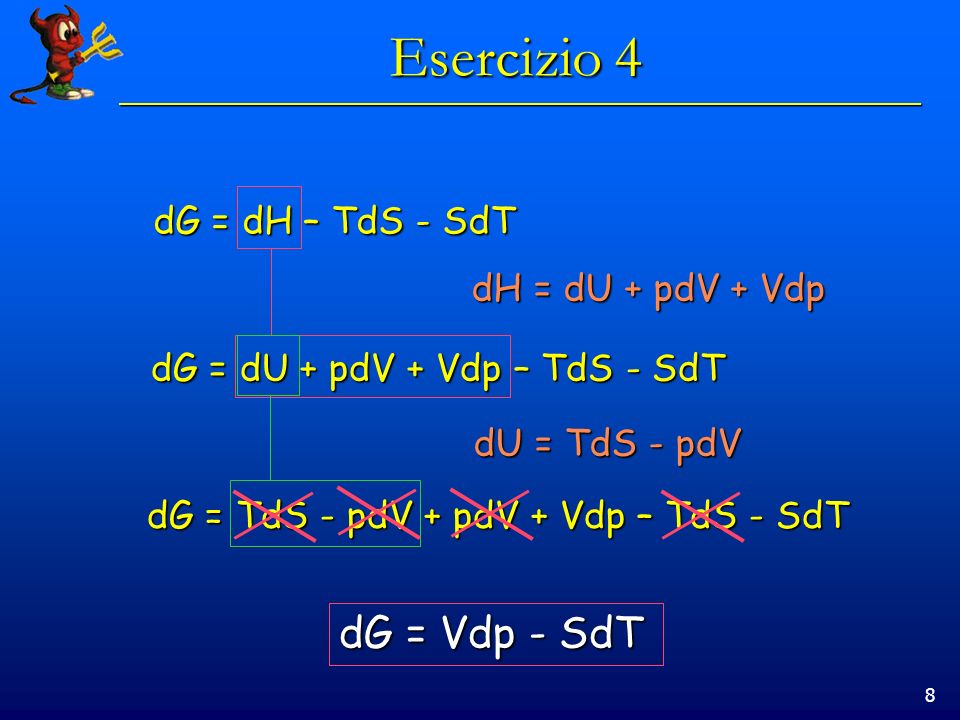 8 Esercizio 4 dG = dH – TdS - SdT dH = dU + pdV + Vdp dG = dU + pdV + Vdp – TdS - SdT dU = TdS - pdV dG = TdS - pdV + pdV + Vdp – TdS - SdT dG = Vdp - SdT