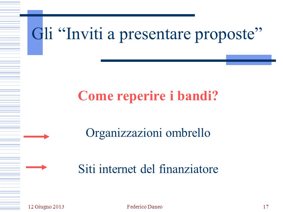 12 Giugno 2013 Federico Daneo17 Gli Inviti a presentare proposte Come reperire i bandi.