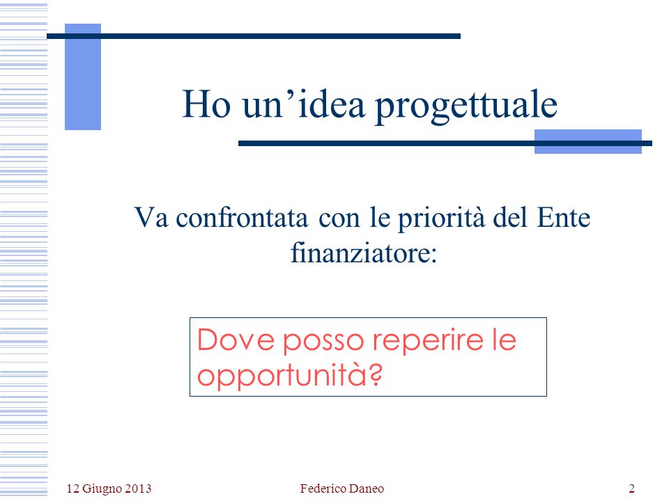 12 Giugno 2013 Federico Daneo2 Ho unidea progettuale Va confrontata con le priorità del Ente finanziatore: Dove posso reperire le opportunità