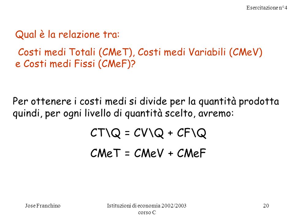 Esercitazione n°4 Jose FranchinoIstituzioni di economia 2002/2003 corso C 20 Qual è la relazione tra: Costi medi Totali (CMeT), Costi medi Variabili (CMeV) e Costi medi Fissi (CMeF).