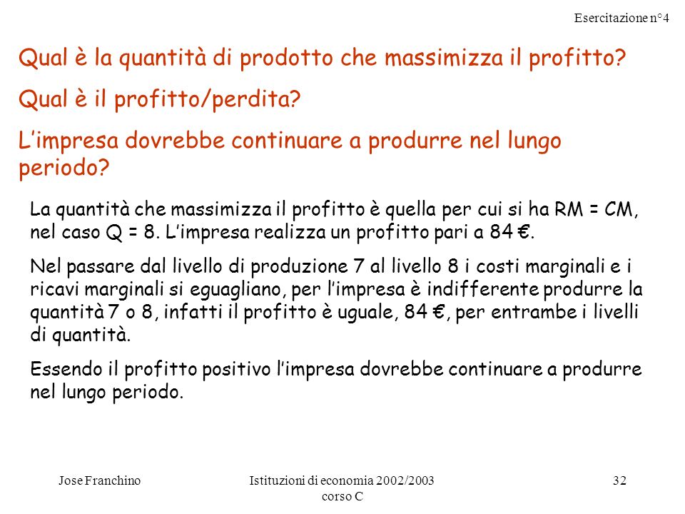 Esercitazione n°4 Jose FranchinoIstituzioni di economia 2002/2003 corso C 32 Qual è la quantità di prodotto che massimizza il profitto.