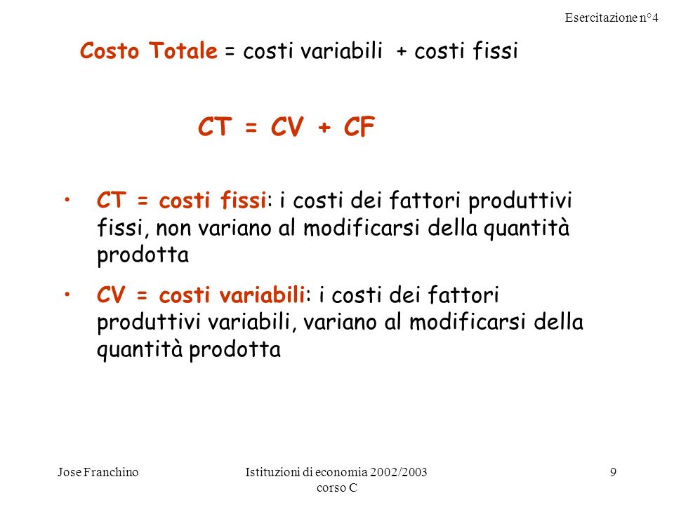 Esercitazione n°4 Jose FranchinoIstituzioni di economia 2002/2003 corso C 9 CT = costi fissi: i costi dei fattori produttivi fissi, non variano al modificarsi della quantità prodotta CV = costi variabili: i costi dei fattori produttivi variabili, variano al modificarsi della quantità prodotta CT = CV + CF Costo Totale = costi variabili + costi fissi