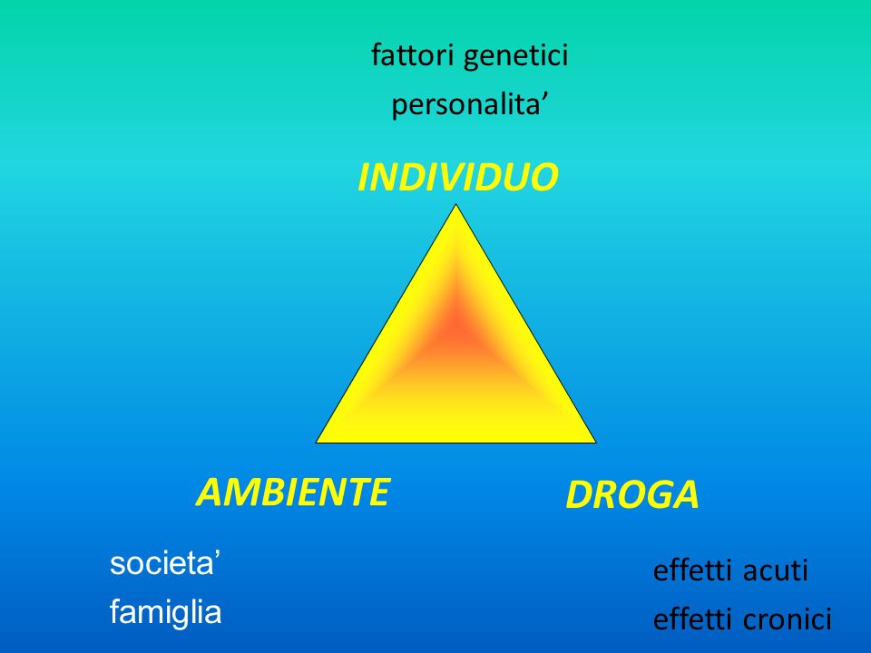 societa famiglia INDIVIDUO AMBIENTE DROGA fattori genetici personalita effetti acuti effetti cronici