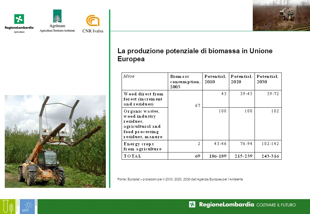 La produzione potenziale di biomassa in Unione Europea Fonte: Eurostat – proiezioni per il 2010, 2020, 2030 dallAgenzia Europea per lAmbiente