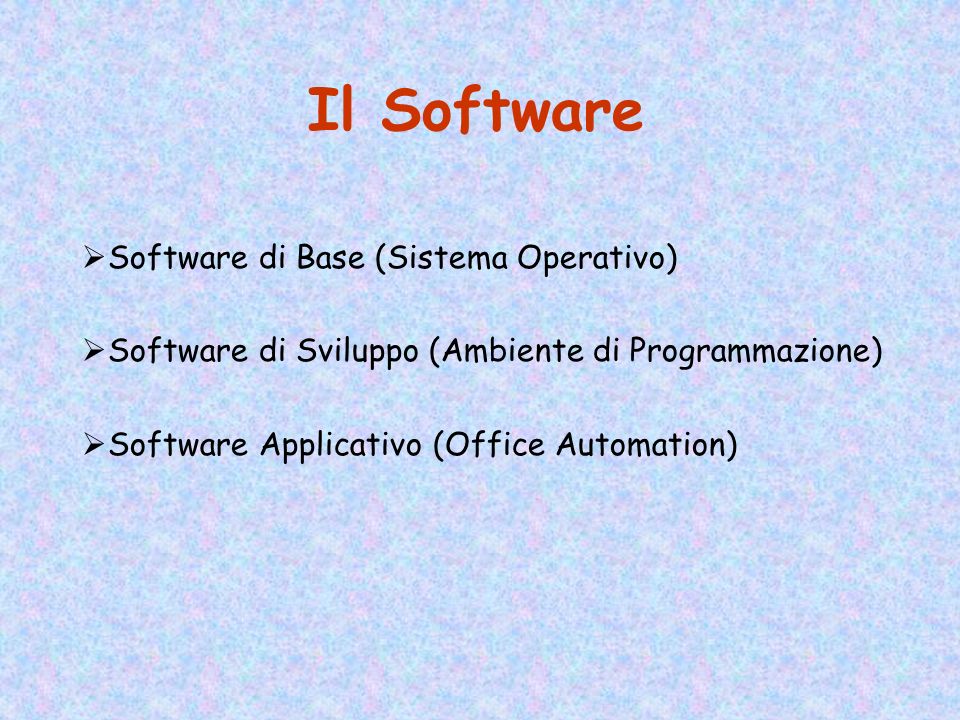 Il Software Software di Base (Sistema Operativo) Software di Sviluppo (Ambiente di Programmazione) Software Applicativo (Office Automation)
