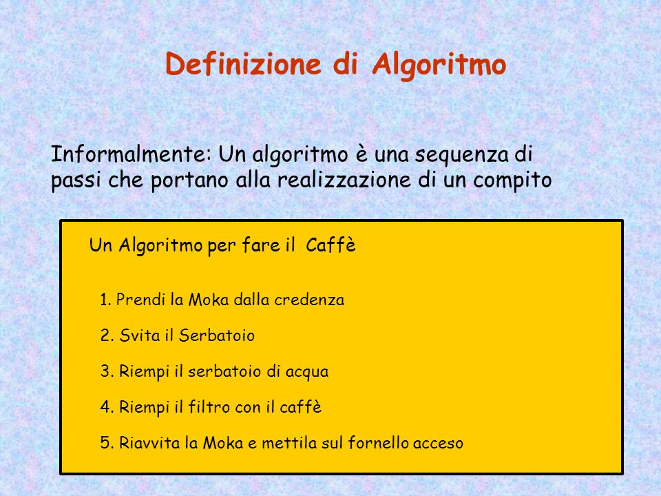 Definizione di Algoritmo Informalmente: Un algoritmo è una sequenza di passi che portano alla realizzazione di un compito Un Algoritmo per fare il Caffè 1.