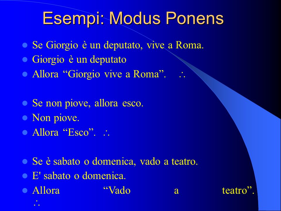 Esempi: Modus Ponens Se Giorgio è un deputato, vive a Roma.