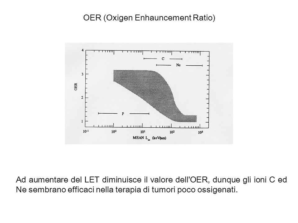 OER (Oxigen Enhauncement Ratio) Ad aumentare del LET diminuisce il valore dell OER, dunque gli ioni C ed Ne sembrano efficaci nella terapia di tumori poco ossigenati.
