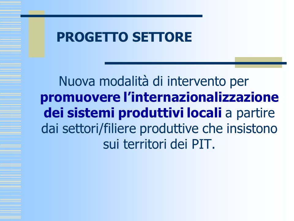 PROGETTO SETTORE Nuova modalità di intervento per promuovere linternazionalizzazione dei sistemi produttivi locali a partire dai settori/filiere produttive che insistono sui territori dei PIT.