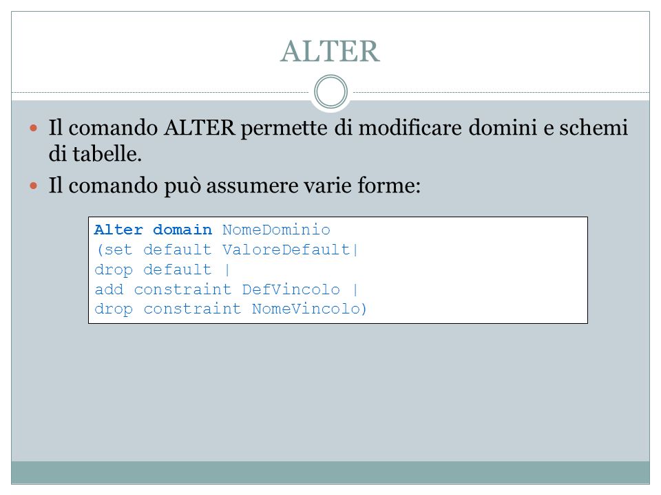 ALTER Il comando ALTER permette di modificare domini e schemi di tabelle.