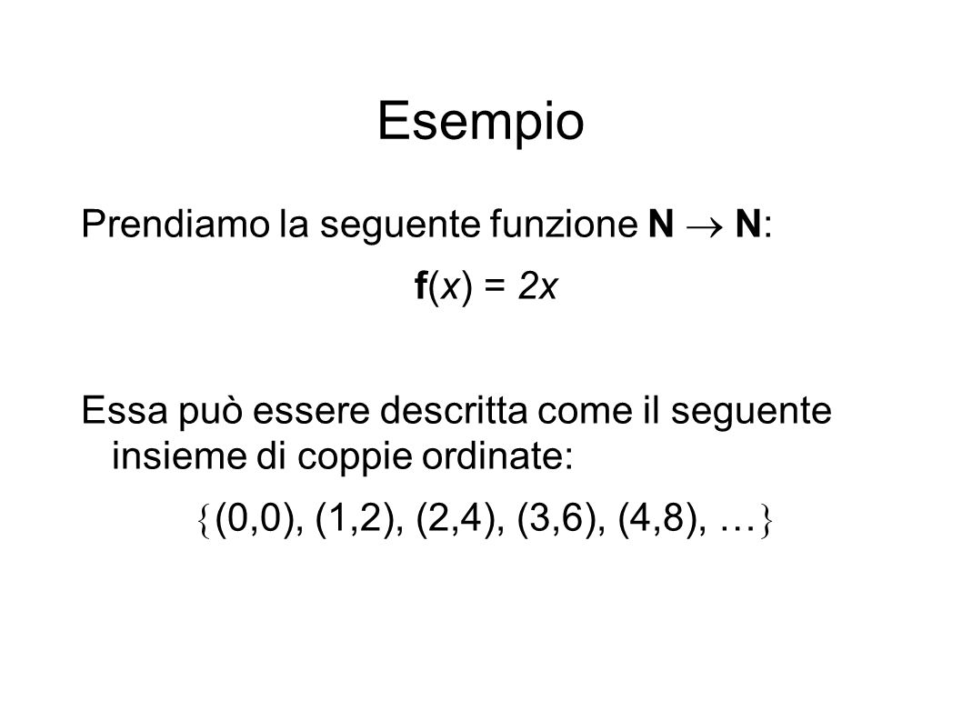 Esempio Prendiamo la seguente funzione N N: f(x) = 2x Essa può essere descritta come il seguente insieme di coppie ordinate: (0,0), (1,2), (2,4), (3,6), (4,8), …