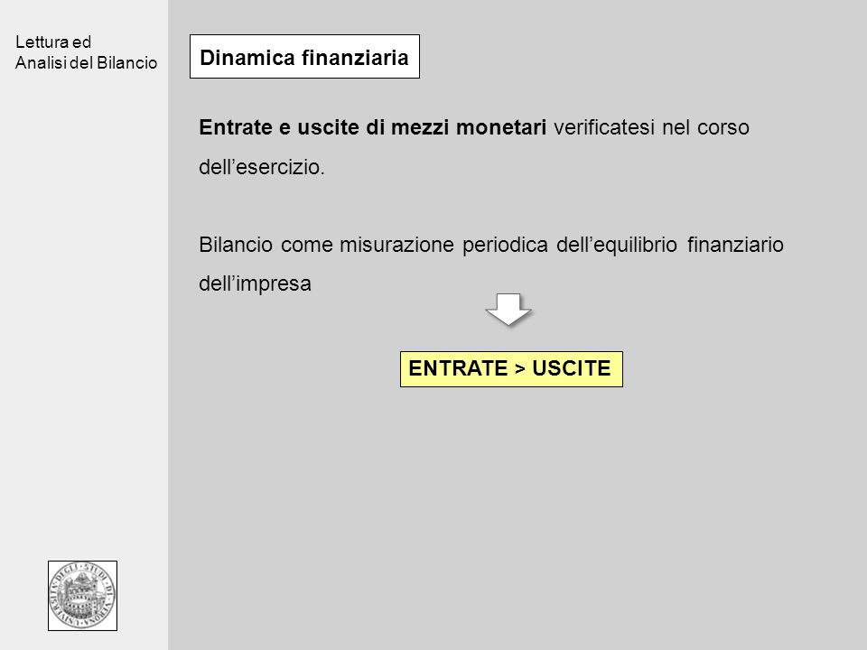 Lettura ed Analisi del Bilancio Dinamica finanziaria Entrate e uscite di mezzi monetari verificatesi nel corso dellesercizio.