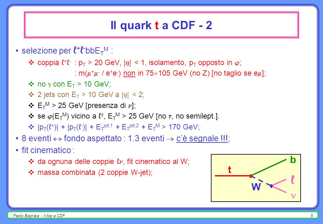 4 Il quark t a CDF - 1 scoperta : marzo 1995 (qui descrivo lanalisi del ); risultati simili dallaltro esperimento di Fermilab (D0); L INT = Ldt = 110 pb -1 ; canale golden : pp t t X W - b - b [ = e / ] W + b - b t b W _ _ _ __