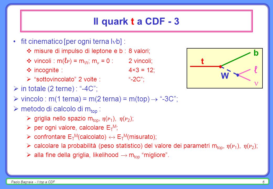 Paolo Bagnaia - Il top a CDF5 Il quark t a CDF - 2 selezione per + - bbE T M : coppia + - : p T > 20 GeV, | | < 1, isolamento, p T opposto in ; : m( + - / e + e - ) non in GeV (no Z) [no taglio se e ]; no con E T > 10 GeV; 2 jets con E T > 10 GeV a | | < 2; E T M > 25 GeV [presenza di ]; se (E T M ) vicino a ±, E T M > 25 GeV [no, no semilept.].
