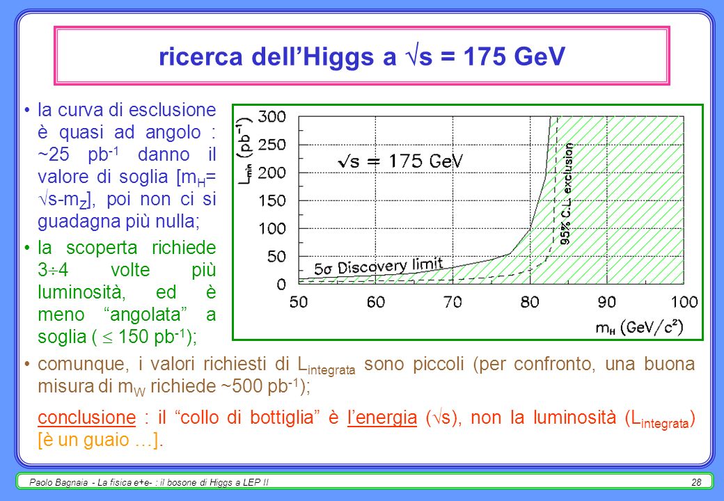 Paolo Bagnaia - La fisica e+e- : il bosone di Higgs a LEP II27 calcolo delle luminosità di scoperta/esclusione le formule precedenti, a dispetto della grande complicazione formale, sono solo delle pallide approssimazioni dei calcoli realmente eseguiti [v.