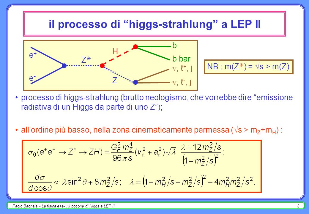 Paolo Bagnaia - La fisica e+e- : il bosone di Higgs a LEP II2 il bosone di Higgs nello SM ( ) ; ricerca a LEP I : riassunto e conclusioni; la fisica delle ricerche : metodi e definizioni; ricerche a LEP II : a)produzione a s > m Z ; b)canali di decadimento; c)principali fondi; d)strumenti di ricerca : b-tag, missing mass; analisi simulata dei vari canali : a)bbqq, bb, bb + -, [ qq, bb ] ; b)previsioni dei risultati di LEP II; conclusioni sulle ricerche a LEP II (pre-2000).