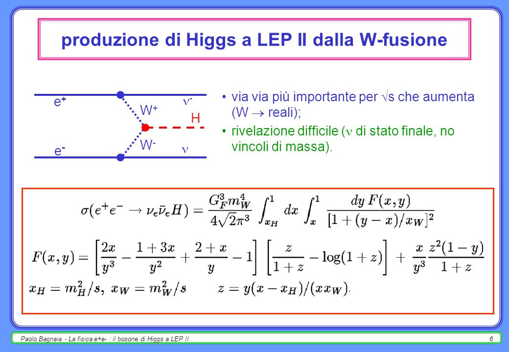 Paolo Bagnaia - La fisica e+e- : il bosone di Higgs a LEP II5 produzione di Higgs a LEP II : / m H solo higgs-strahlung, per W-fusione vedi oltre; correzioni radiative incluse; notare la soglia a m H = s - m Z.