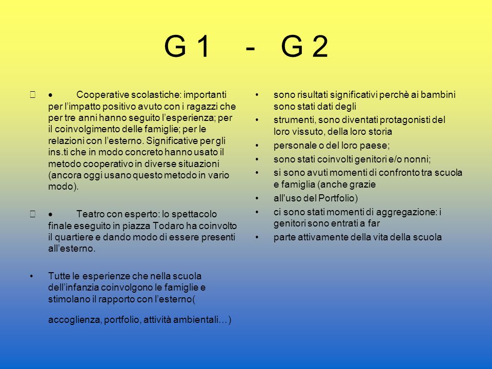 G 1 - G 2 Cooperative scolastiche: importanti per limpatto positivo avuto con i ragazzi che per tre anni hanno seguito lesperienza; per il coinvolgimento delle famiglie; per le relazioni con lesterno.